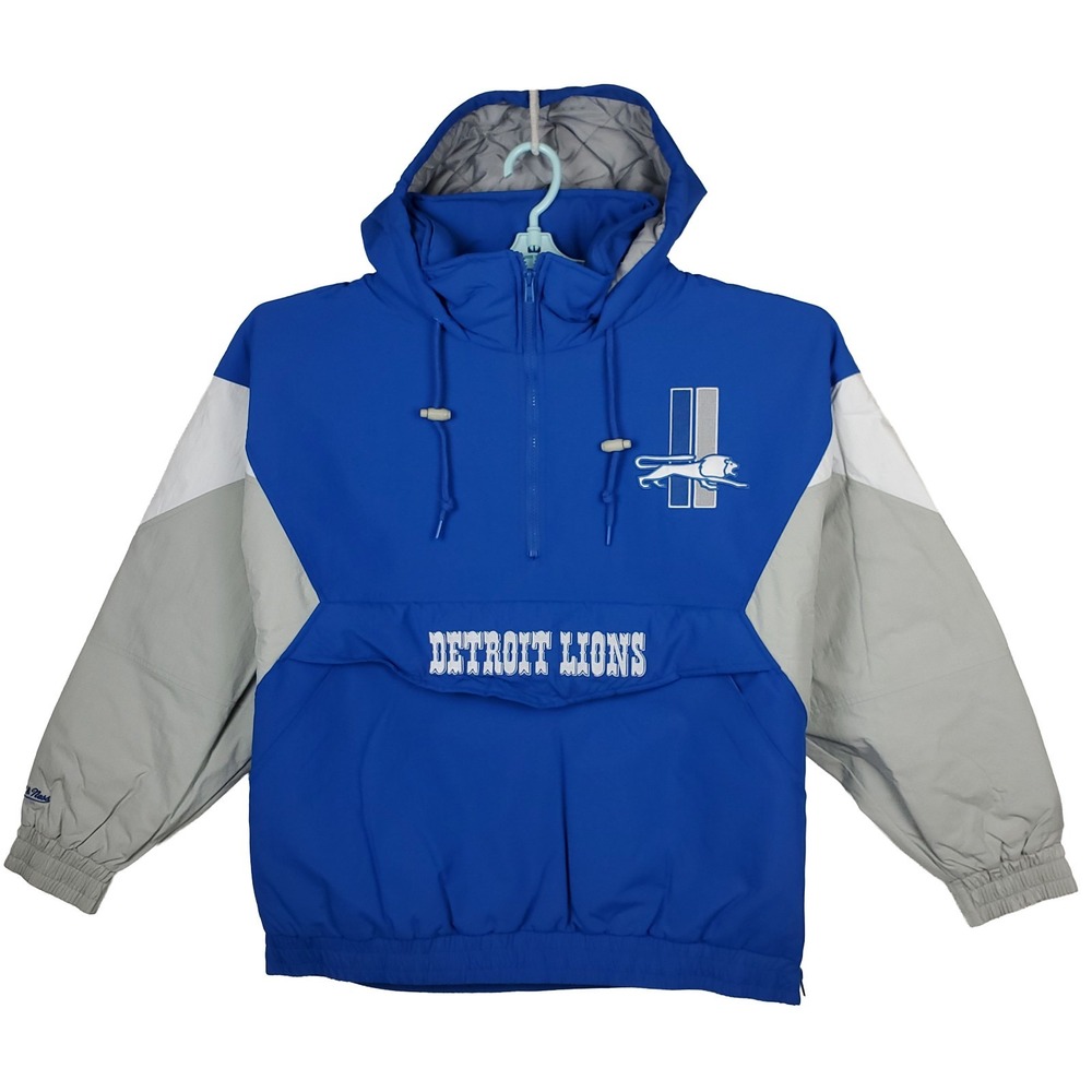 Detroit Lions Mitchell &‎ Ness NFL Large Jacket Front Pocket Blue Gray White New